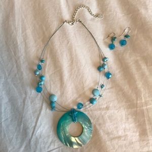 Beaded necklace & earrings, turquoise, adjustable